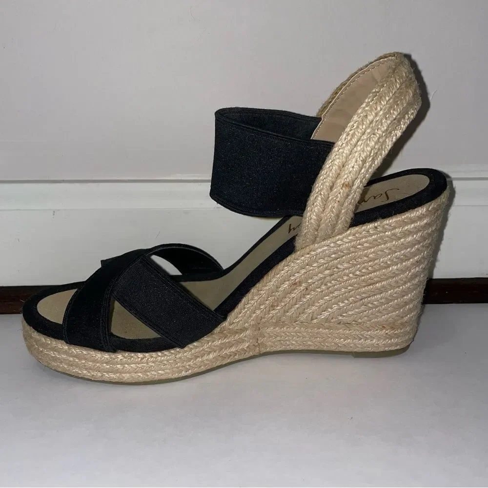 San & Libby Espadrille Wedge Sandals Black Strappy Women's Size 8